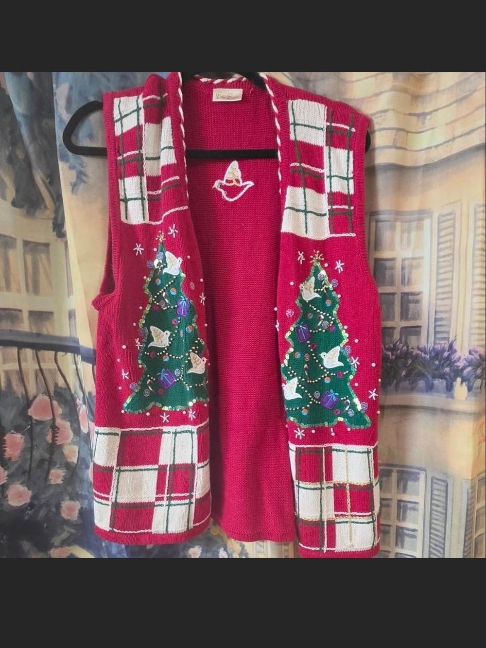 Bobbie Brooks Red Holiday Sweater Vest with Decorated Green Christmas Trees